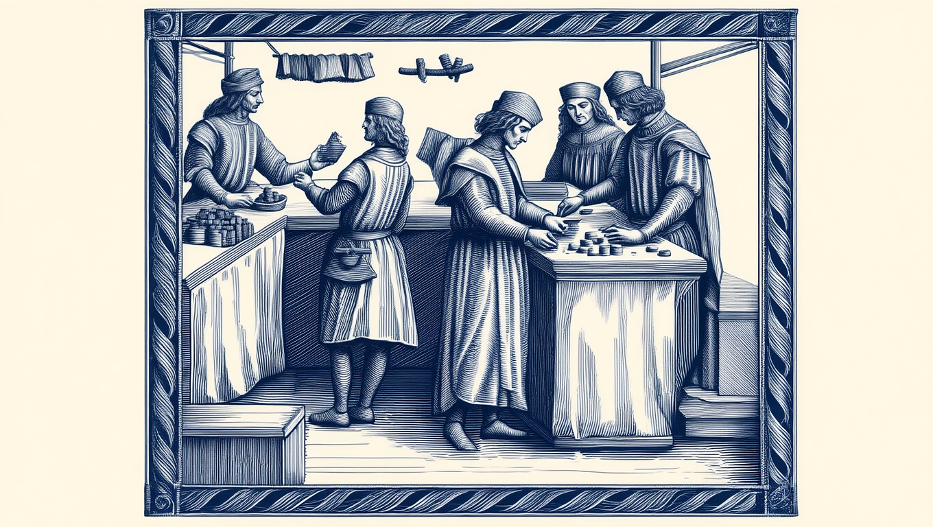 Interior of a bank owned by the Medici family of Florence. Woodcut, Italian, 15th century